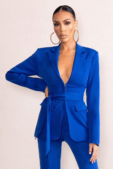 Lively Electric Blue Tailored Blazer With Belt Detail